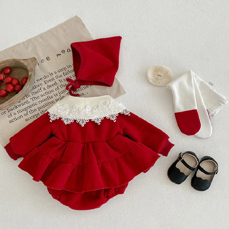 Christmas Red Newborn Baby Girl Bodysuits Dress Autumn