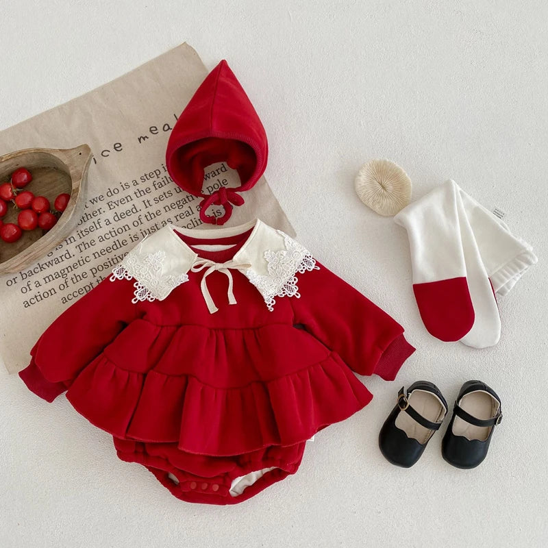 Christmas Red Newborn Baby Girl Bodysuits Dress Autumn