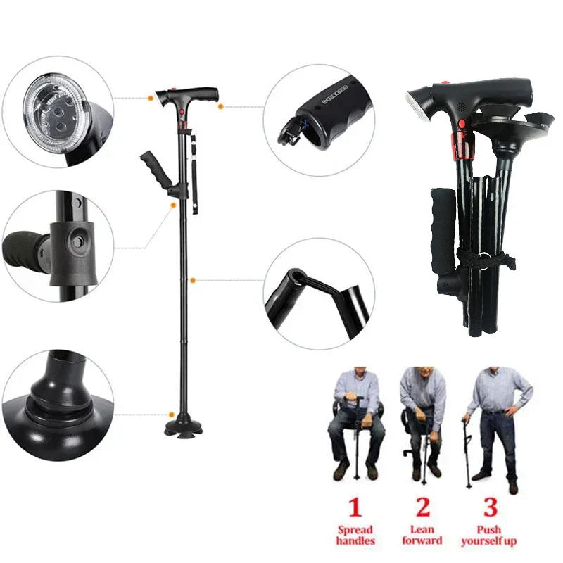 Collapsible Telescopic Folding Cane Elder Cane LED Walking