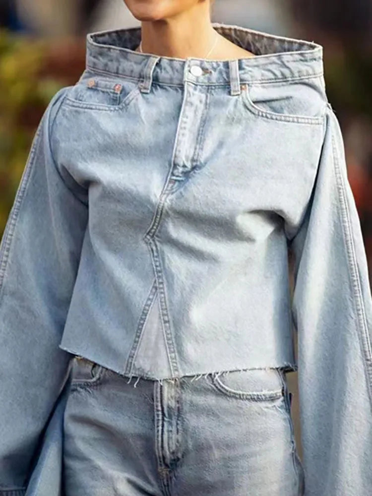 DEAT Women's Denim Loose Coat Long Flare Sleeve