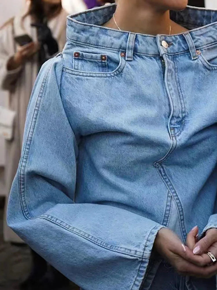 DEAT Women's Denim Loose Coat Long Flare Sleeve