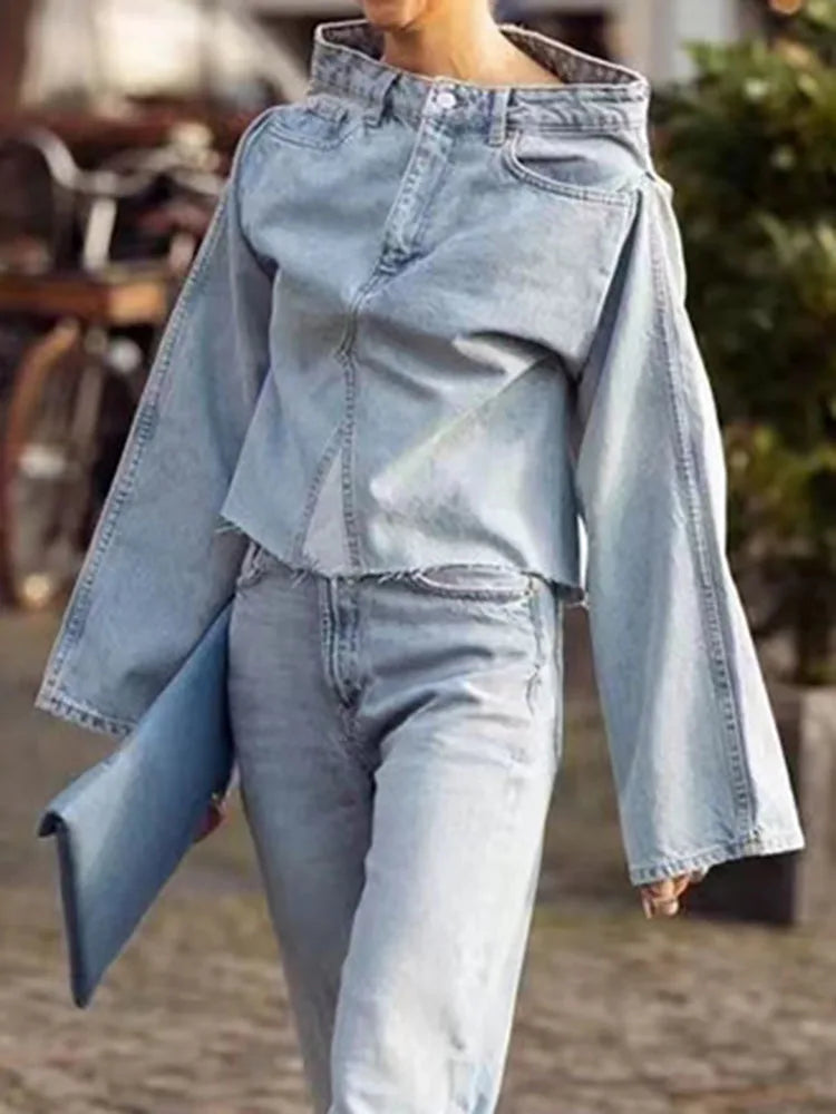 DEAT Women's Denim Loose Coat Long Flare Sleeve