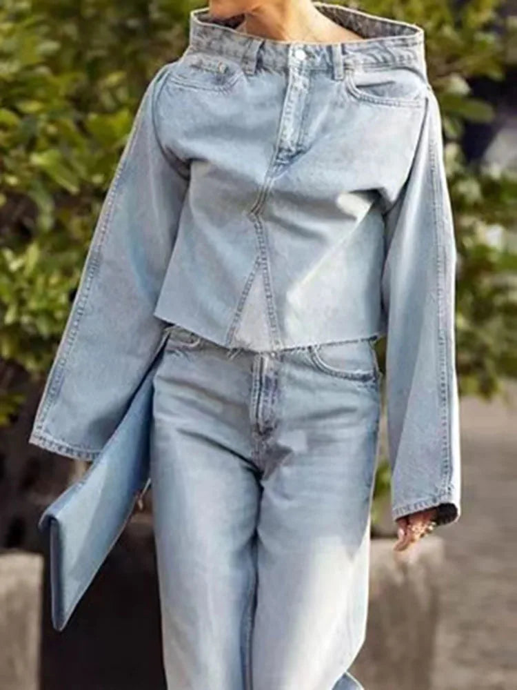 DEAT Women's Denim Loose Coat Long Flare Sleeve