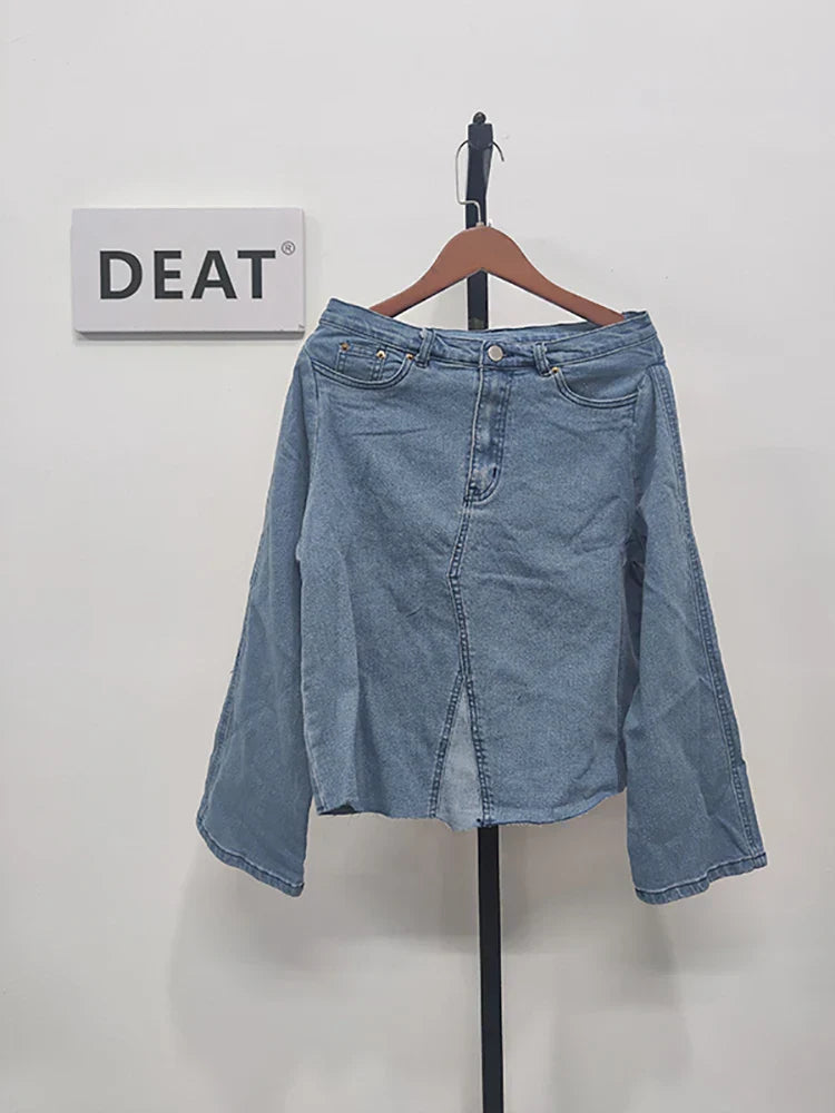 DEAT Women's Denim Loose Coat Long Flare Sleeve