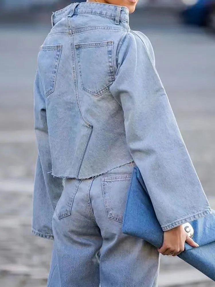 DEAT Women's Denim Loose Coat Long Flare Sleeve