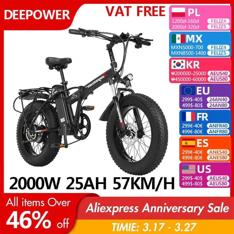 DEEPOWER 2000W Adults Electric Bike Bicycle 1000W 48V