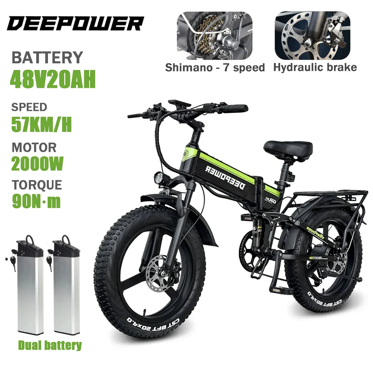DEEPOWER 2000W Adults Electric Bike Bicycle 48V 20AH