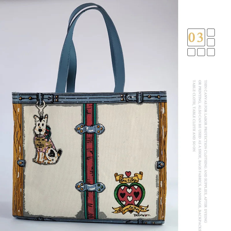 Drop Ship Women Canvas Shoulder Cartoon Printing Ladies Shopping Bags Cotton Cloth Fabric Grocery Handbags Tote Books For Girls