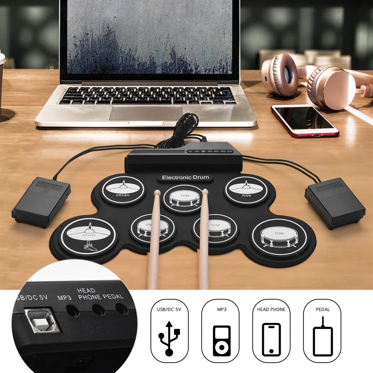 Drum Electronic Drum Set Compact Size USB Folding