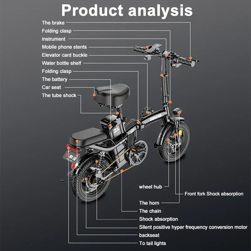 E Bike Folding Electric Bicycle 14 Inches 48V