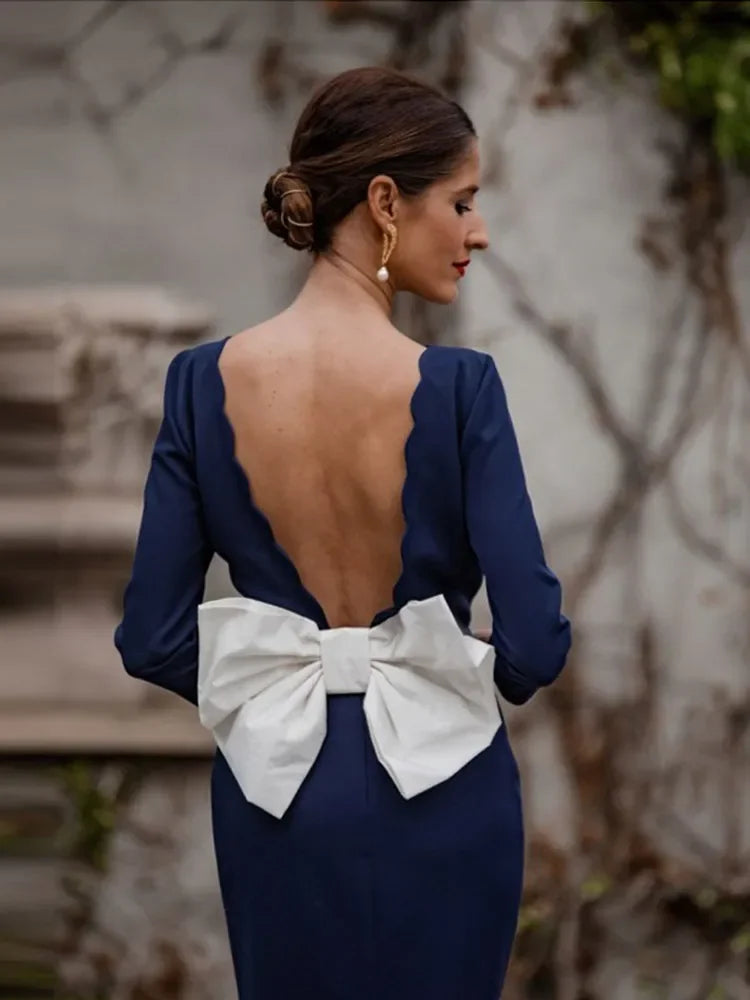 Elegant Backless Big Bow Midi Dress for Women