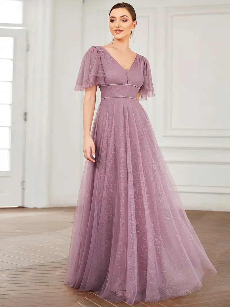 Elegant Evening Dress Long A-Line V Neck High