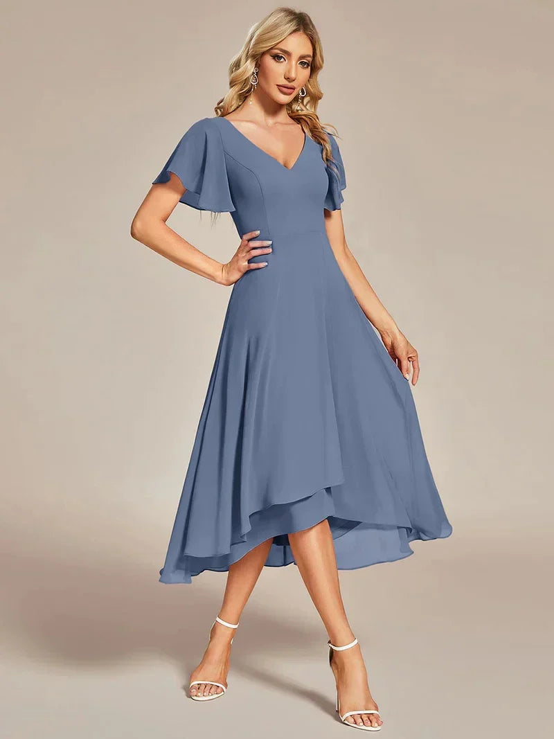 Elegant Evening Dresses V-Neck High Low CHiffon Ruffles