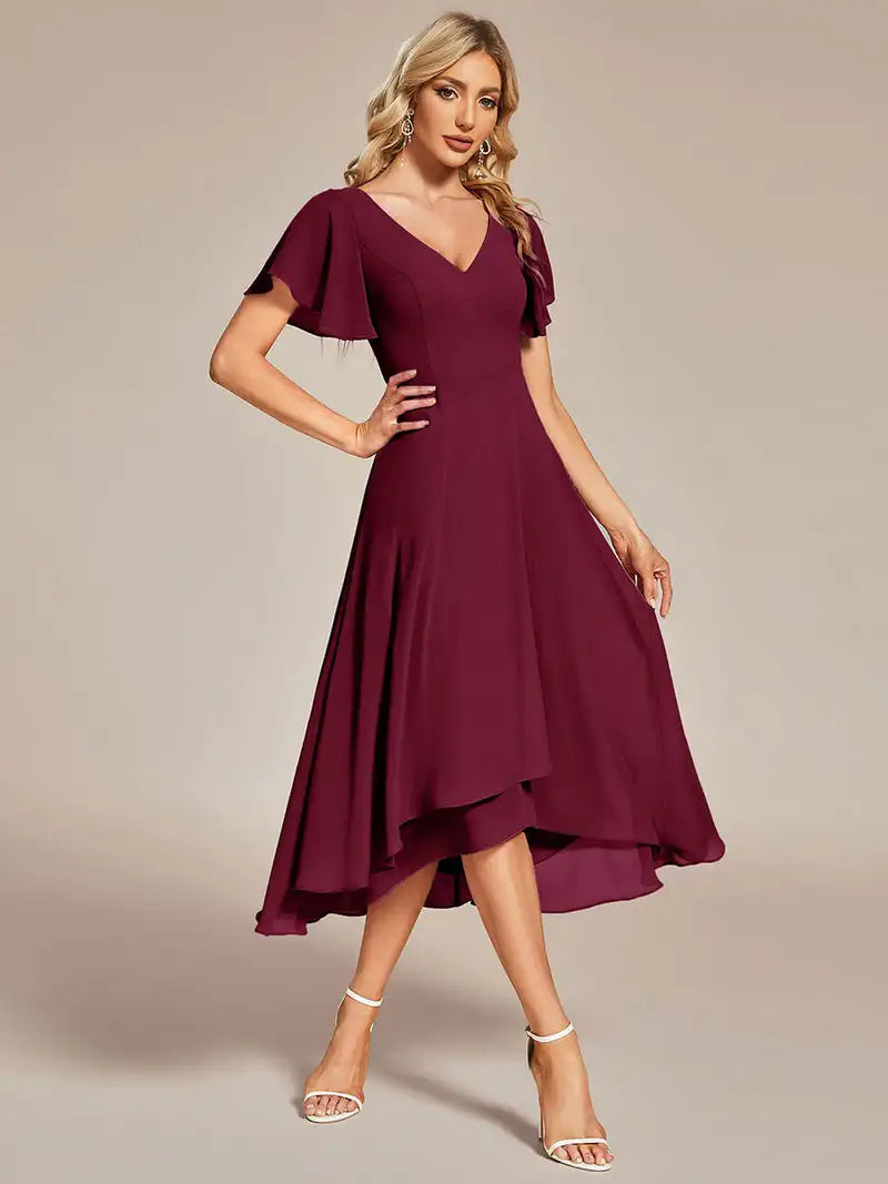 Elegant Evening Dresses V-Neck High Low CHiffon Ruffles