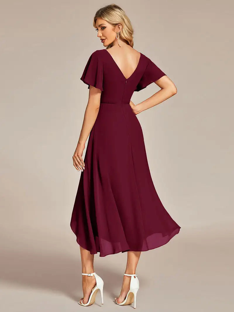 Elegant Evening Dresses V-Neck High Low CHiffon Ruffles