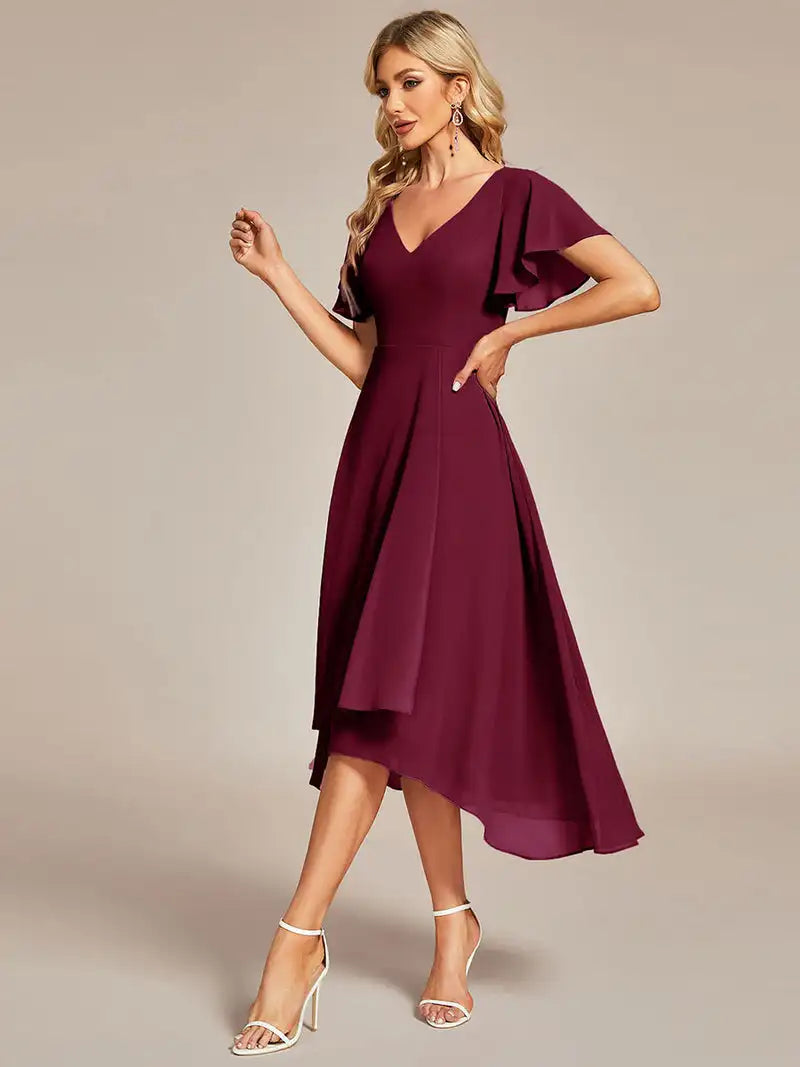 Elegant Evening Dresses V-Neck High Low CHiffon Ruffles
