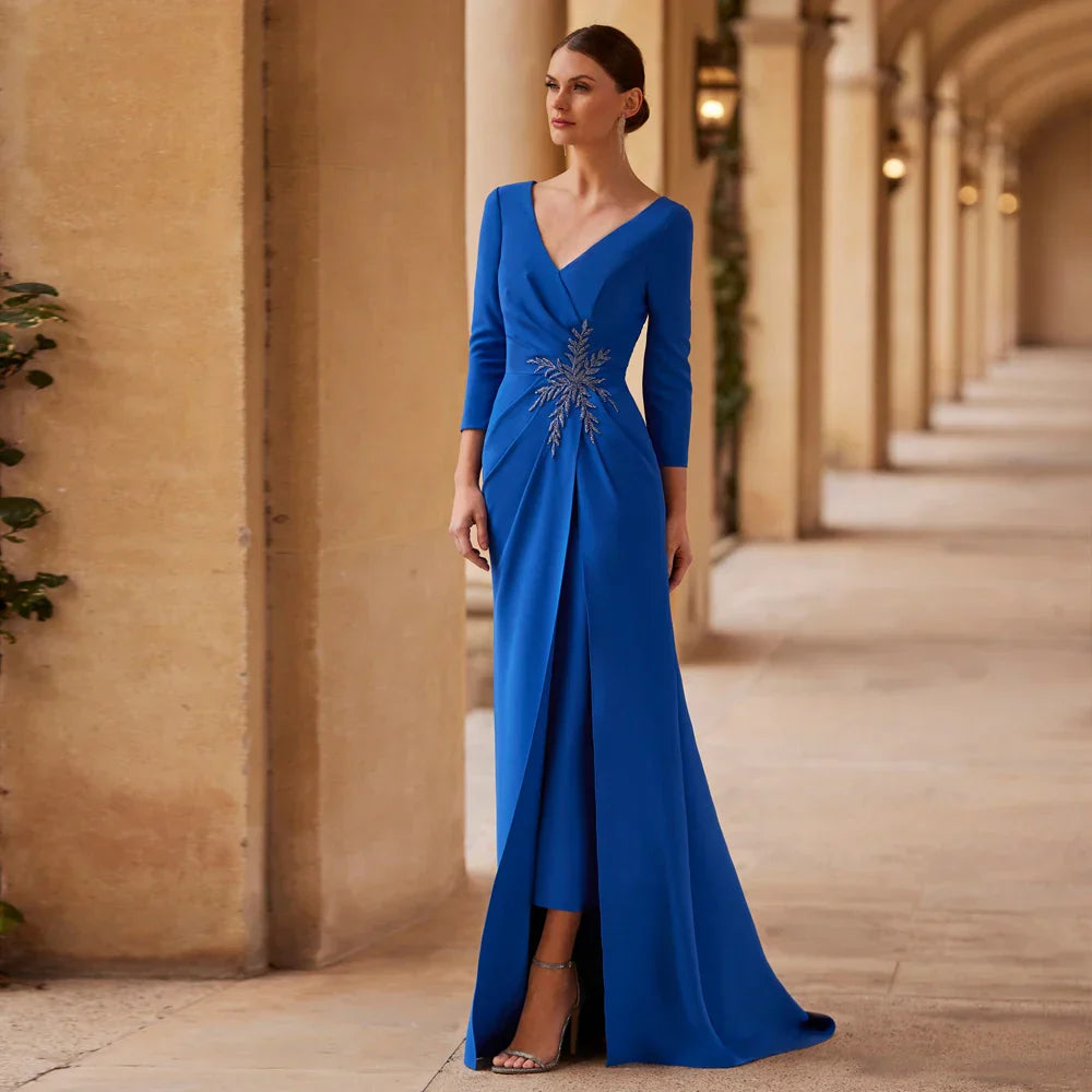 Elegant Royal Blue Mother of the Bride Dresses V Neck 3/4 Sleeve Wedding Party Gowns Applique Floor Length Mermaid فساتين السهرة