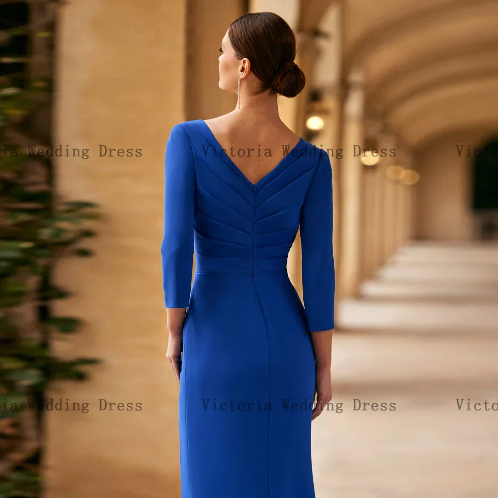 Elegant Royal Blue Mother of the Bride Dresses V Neck 3/4 Sleeve Wedding Party Gowns Applique Floor Length Mermaid فساتين السهرة
