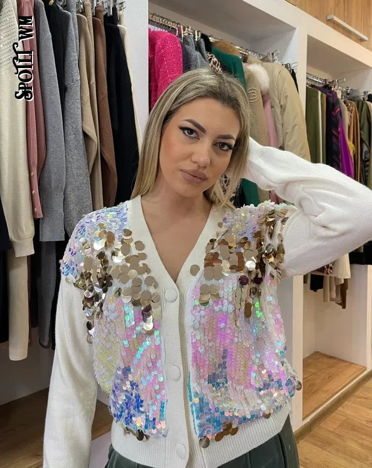 Elegant Sequin Bright Colorful Knit Cardigan Women V