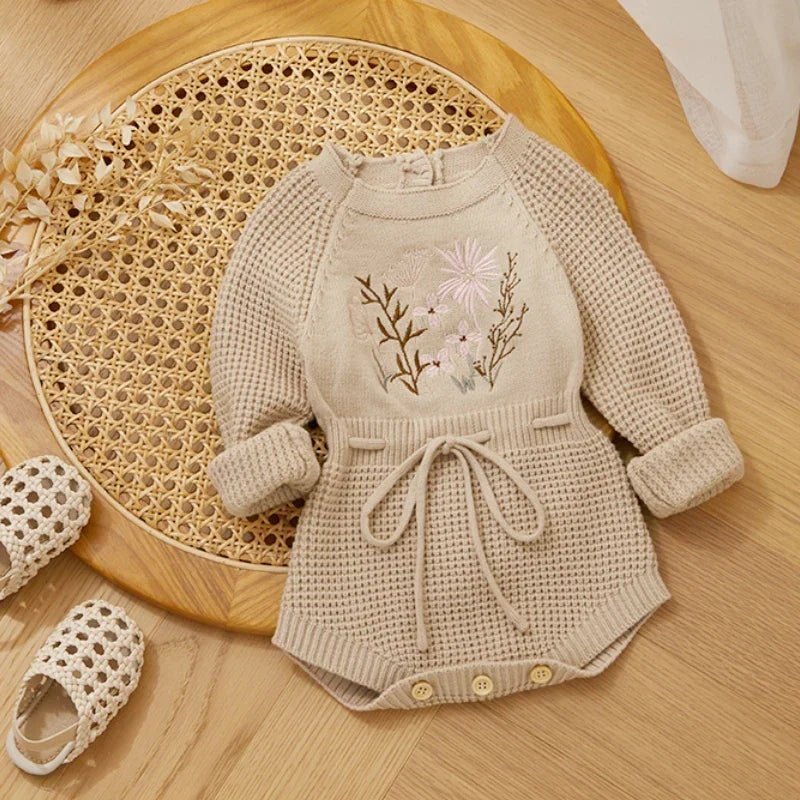 Embroidery Floral Baby Girls Sweater Romper Newborn Long