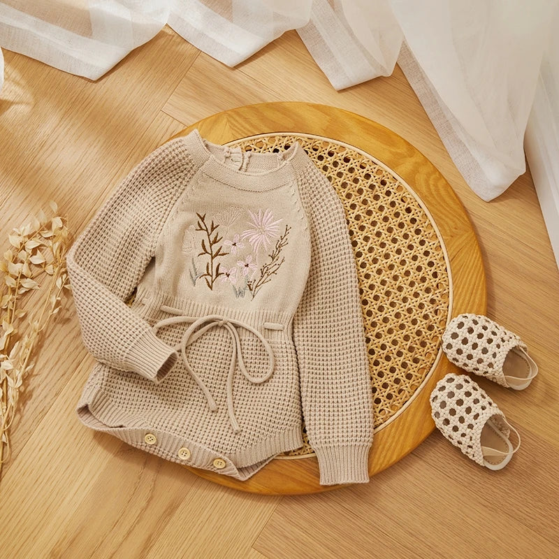 Embroidery Floral Baby Girls Sweater Romper Newborn Long