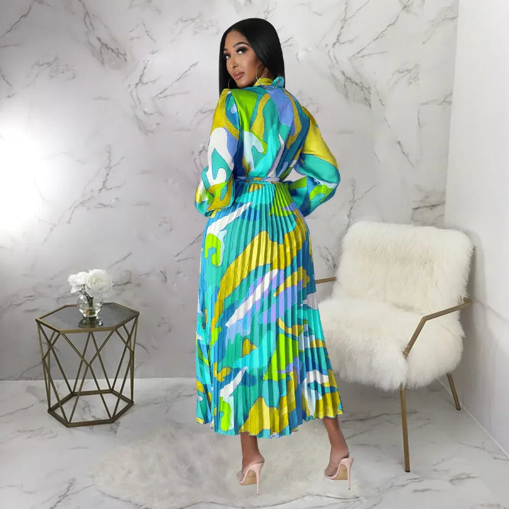European and American plussize women pluscolor pleated dress