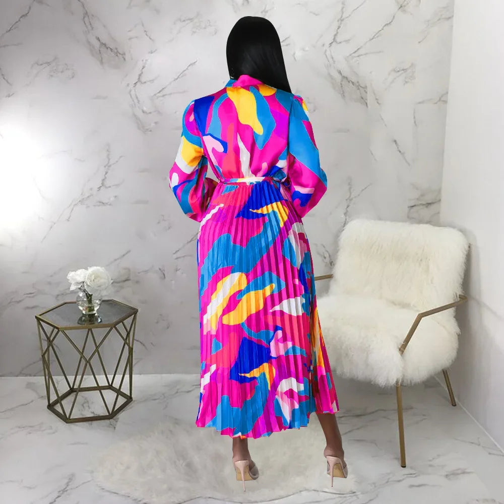 European and American plussize women pluscolor pleated dress