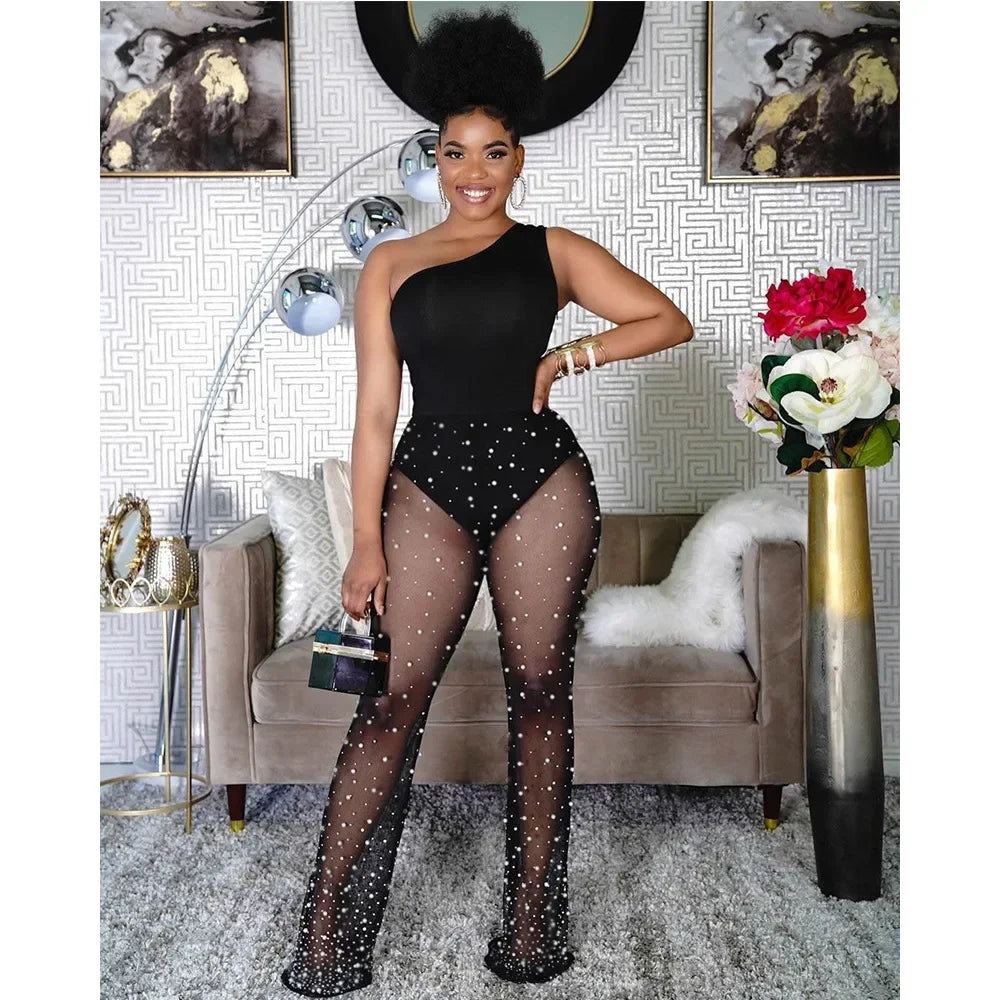 European and American womens slanted shoulderless sleeve mesh