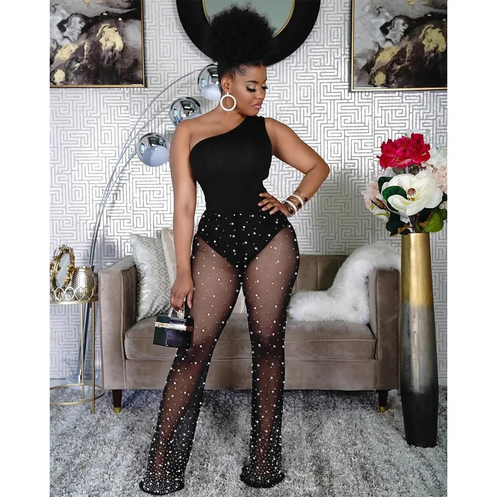 European and American womens slanted shoulderless sleeve mesh