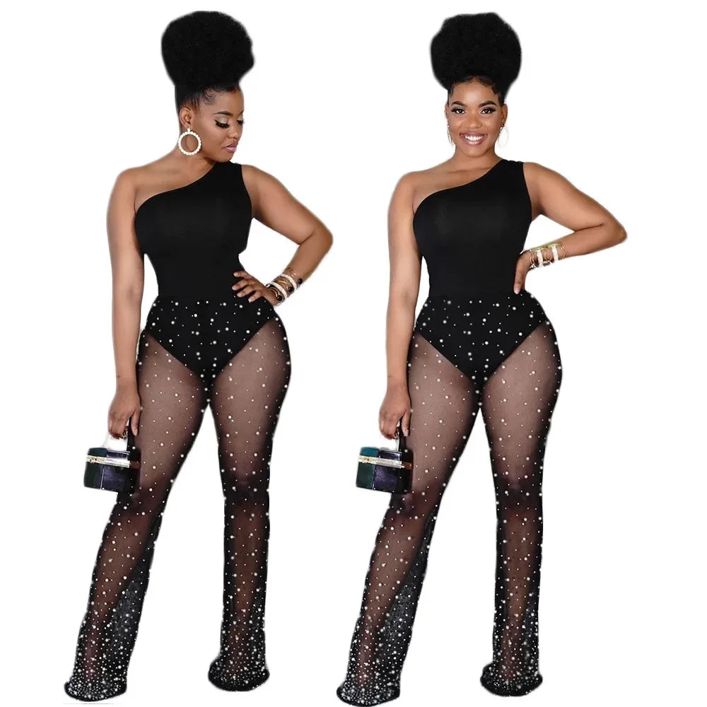 European and American womens slanted shoulderless sleeve mesh