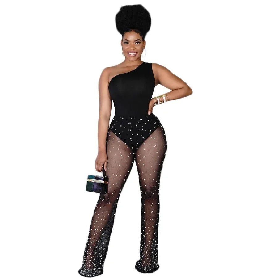 European and American womens slanted shoulderless sleeve mesh