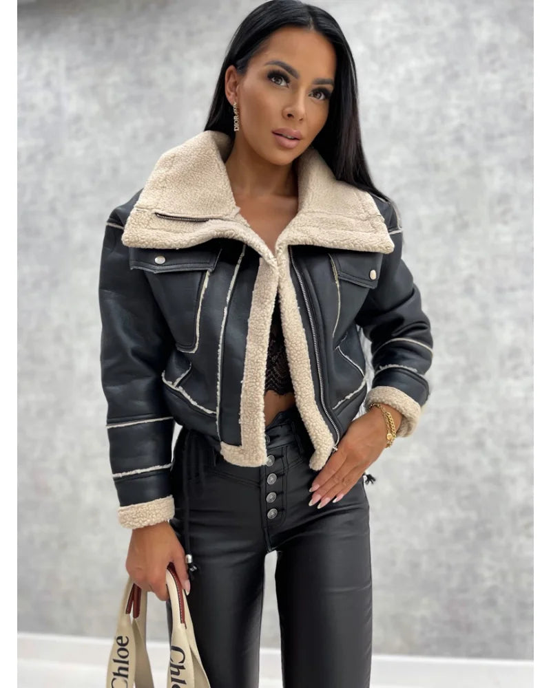 Faux Leather Jackets Women PU Short Thick Warm