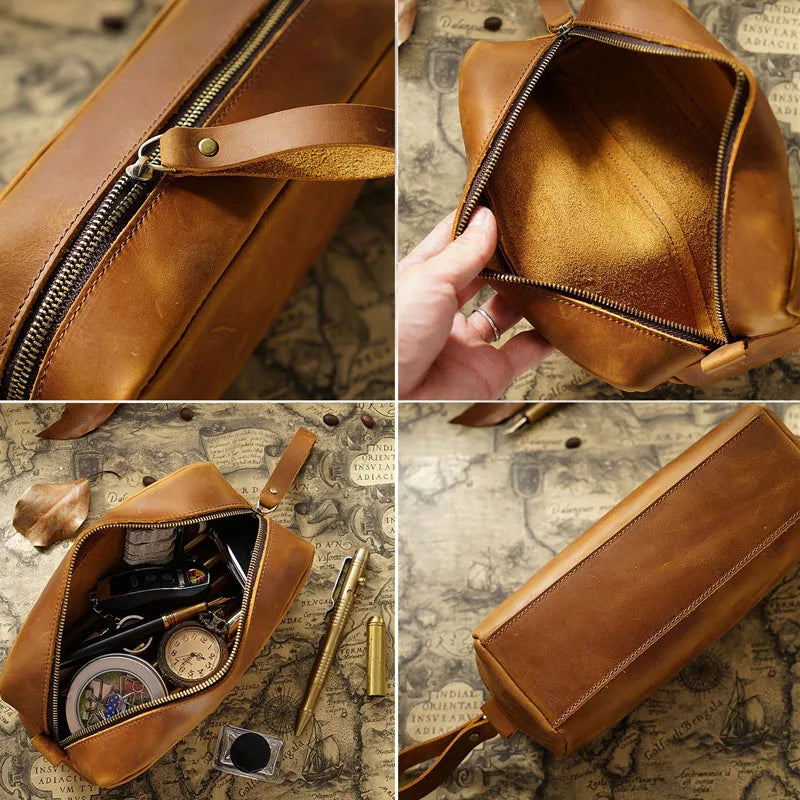 First Layer Cowhide Pencil Bag Square Retro Crazy Horse Leather Zipper Simple Large-capacity Pencil Case Stationery Bag