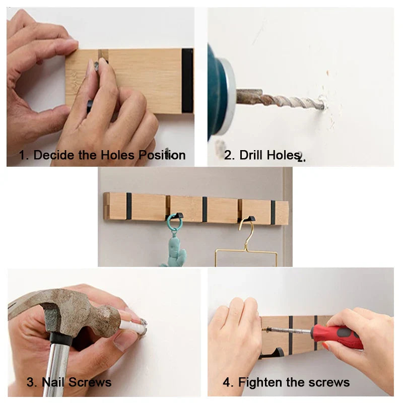 Foldable Bamboo Wall-mounted Clothes Hooks Door Hangers Household