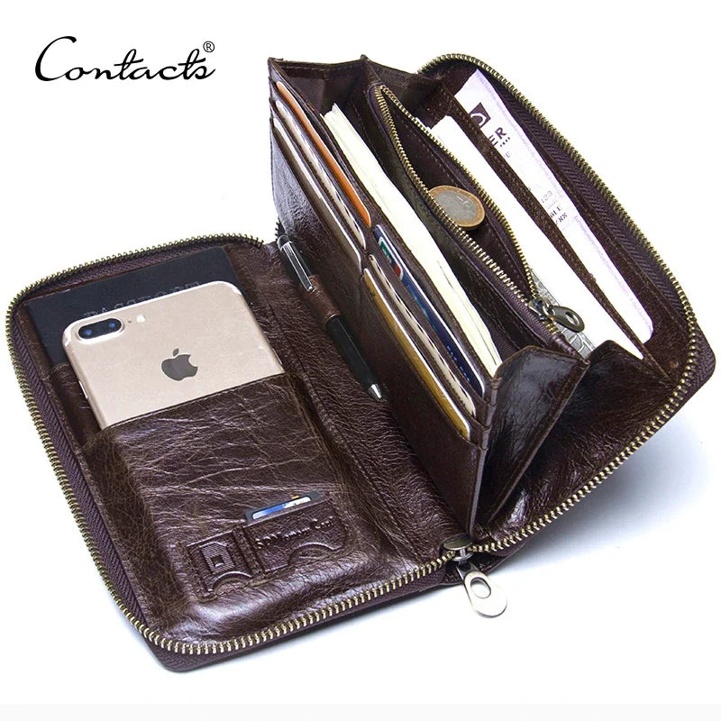 Genuine Leather Men Clutch Wallet Brand Male Card Holder Long Zipper Around Travel Purse With Passport Holder 6.5" Phone Case
