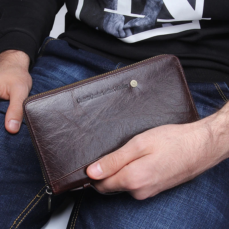 Genuine Leather Men Clutch Wallet Brand Male Card Holder Long Zipper Around Travel Purse With Passport Holder 6.5" Phone Case