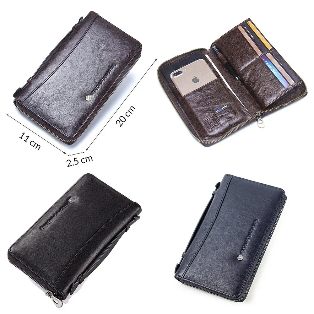Genuine Leather Men Clutch Wallet Brand Male Card Holder Long Zipper Around Travel Purse With Passport Holder 6.5" Phone Case