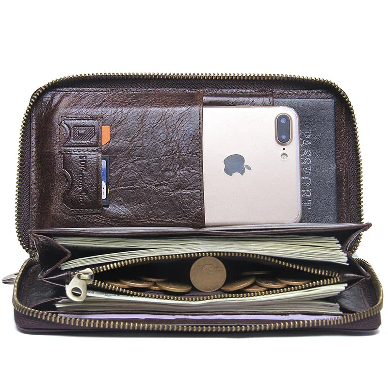 Genuine Leather Men Clutch Wallet Brand Male Card Holder Long Zipper Around Travel Purse With Passport Holder 6.5" Phone Case