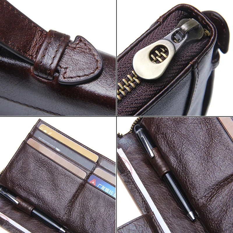 Genuine Leather Men Clutch Wallet Brand Male Card Holder Long Zipper Around Travel Purse With Passport Holder 6.5" Phone Case