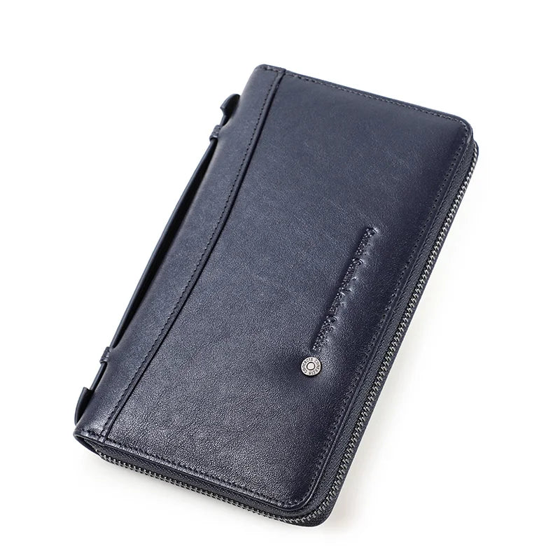 Genuine Leather Men Clutch Wallet Brand Male Card Holder Long Zipper Around Travel Purse With Passport Holder 6.5" Phone Case