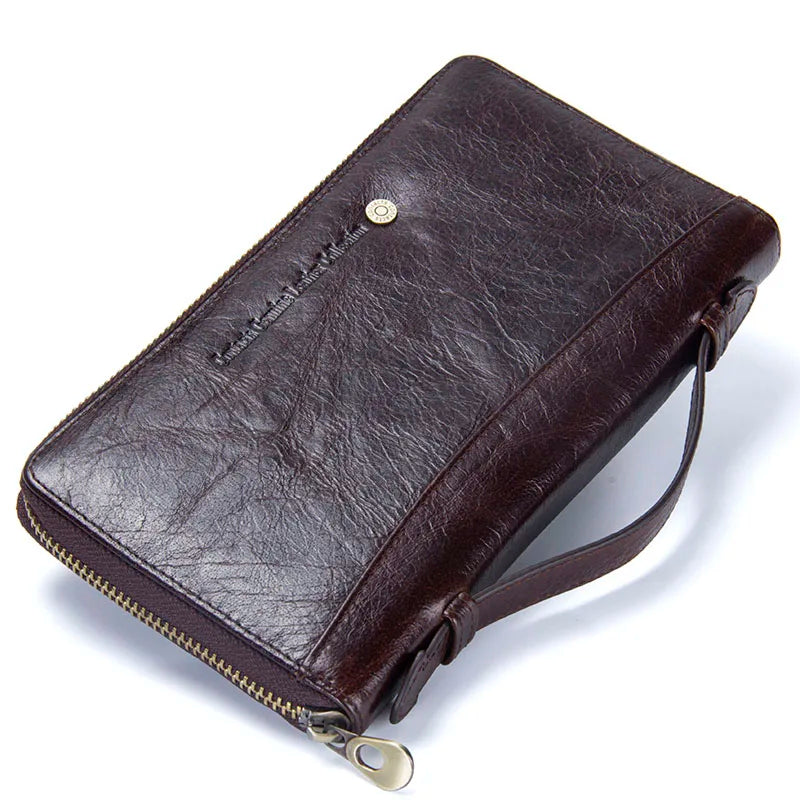 Genuine Leather Men Clutch Wallet Brand Male Card Holder Long Zipper Around Travel Purse With Passport Holder 6.5" Phone Case