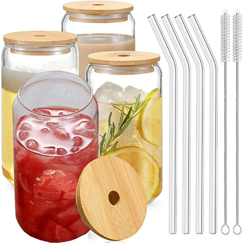Glass Cup Bamboo Lid Bubble Tea Transparent Cold
