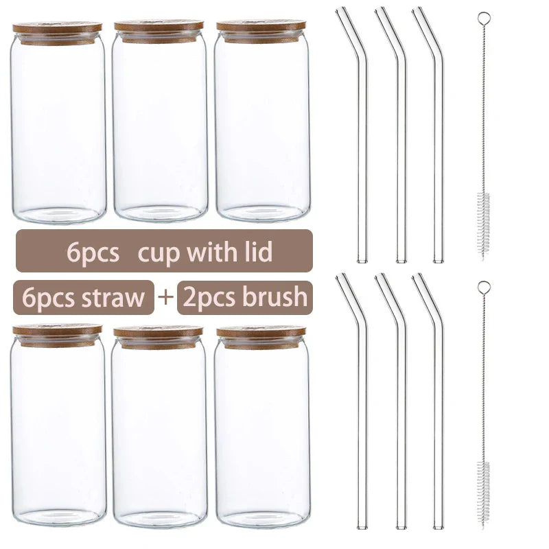 Glass Cup Bamboo Lid Bubble Tea Transparent Cold