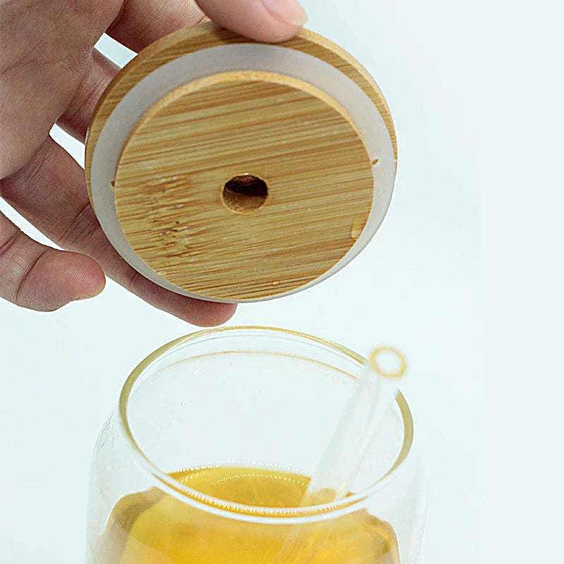 Glass Cup Bamboo Lid Bubble Tea Transparent Cold