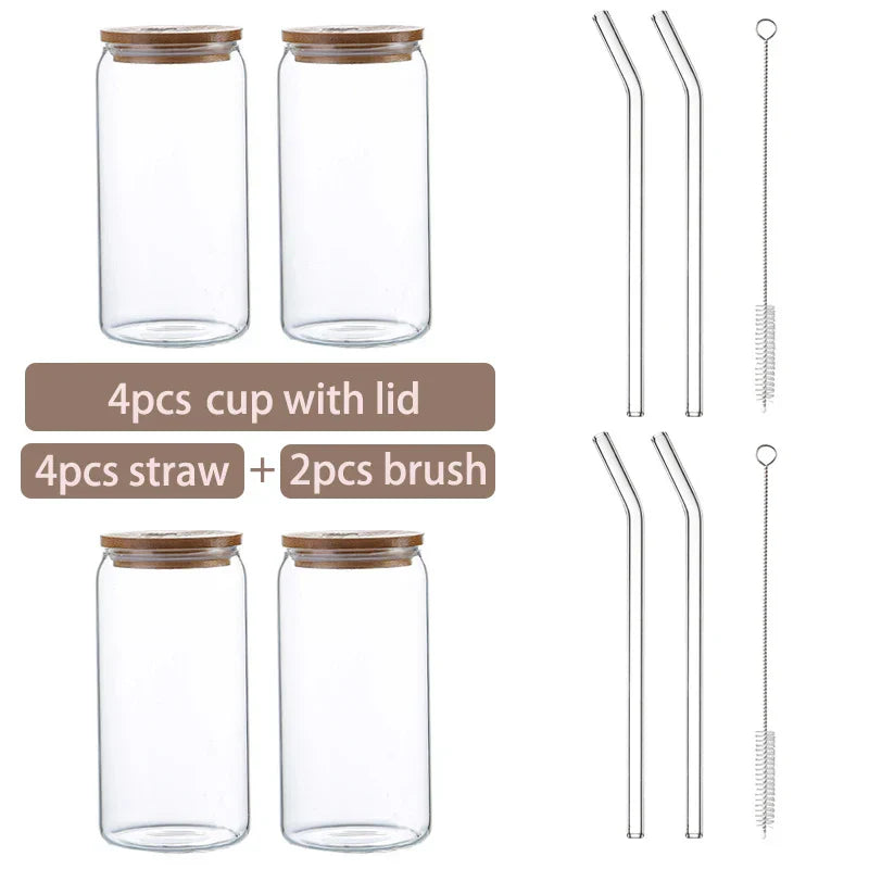 Glass Cup Bamboo Lid Bubble Tea Transparent Cold