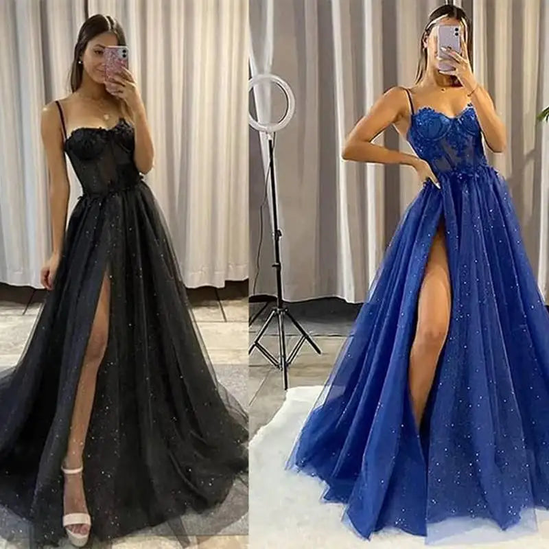 Glitter Tulle Ruffled Prom Dress Long Ball Gown