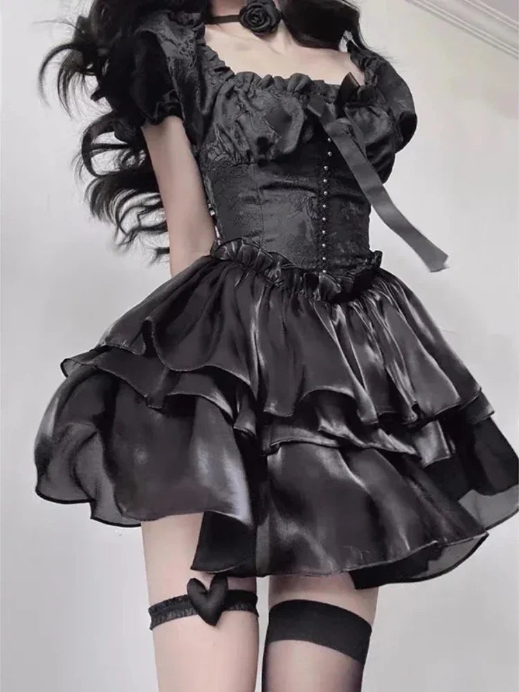 Gothic Black Lolita Mini Dress Women Vintage Sexy