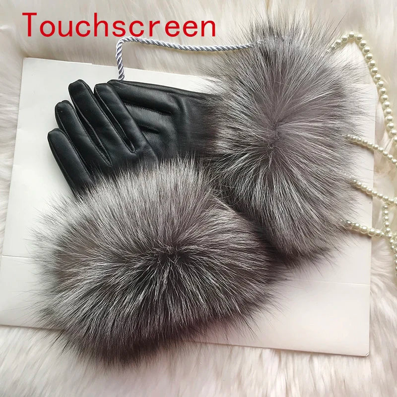 Real Sheepskin Fox Fur Gloves Women's Genuine Leather