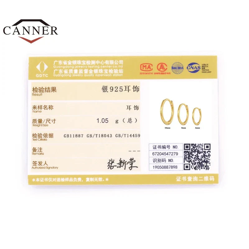 CANNER 3pcs/set 6/8/10mm 925 Sterling Silver Round Hoop