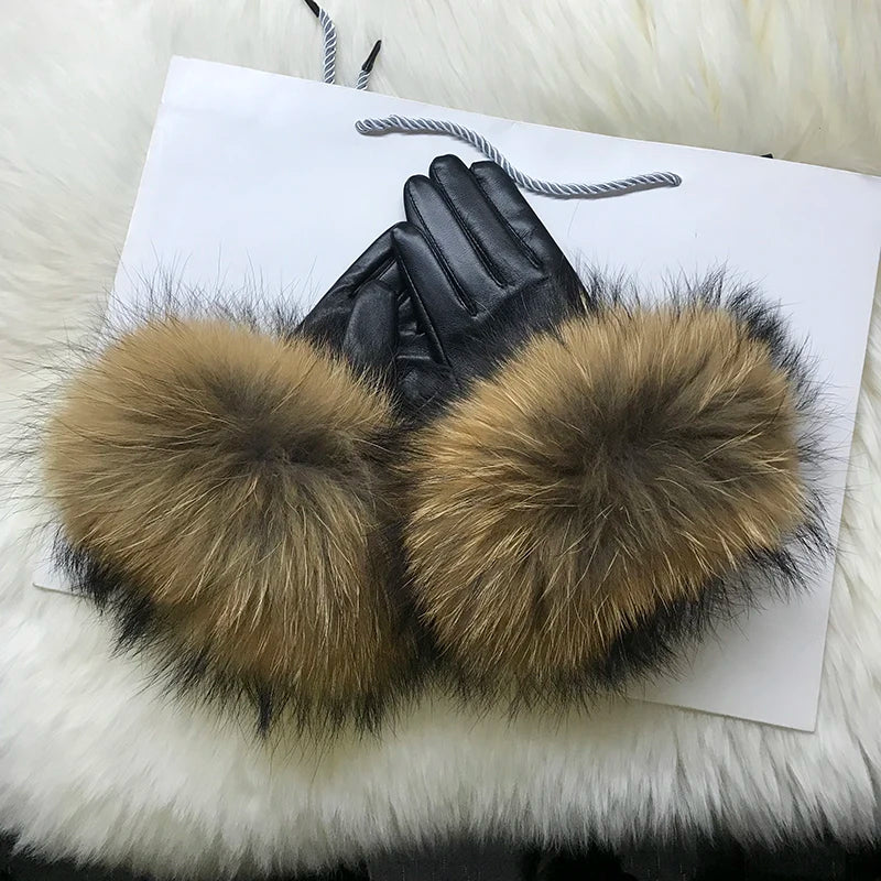 Real Sheepskin Fox Fur Gloves Women's Genuine Leather